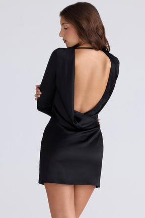 Mariska black satin long sleeve backless mini dress