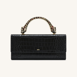 Maya Leopard-Shaped Hardware Handle Top Handle Bag - Black Croc