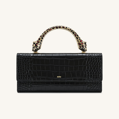 Maya Leopard-Shaped Hardware Handle Top Handle Bag - Black Croc