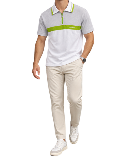Men White Chest Stripe Half Zip Polo
