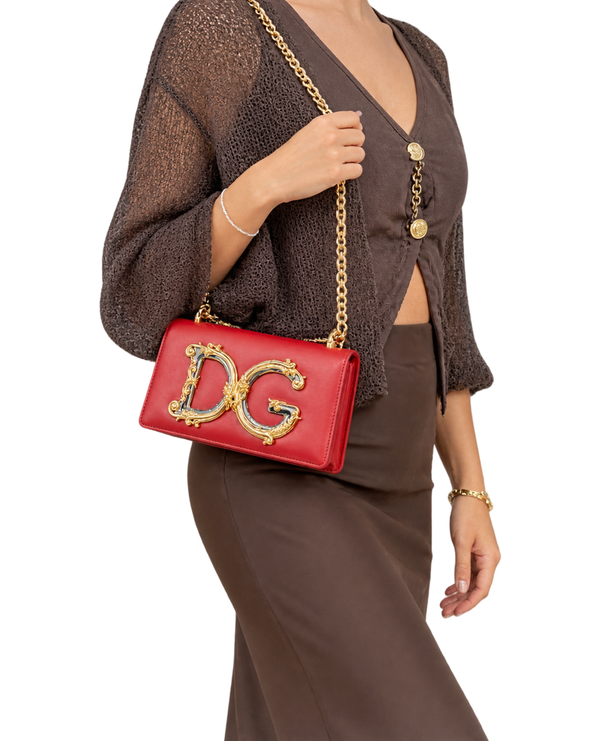Metallic Calfskin DG Girls Shoulder Bag Red
