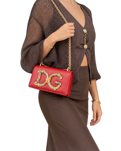 Metallic Calfskin DG Girls Shoulder Bag Red
