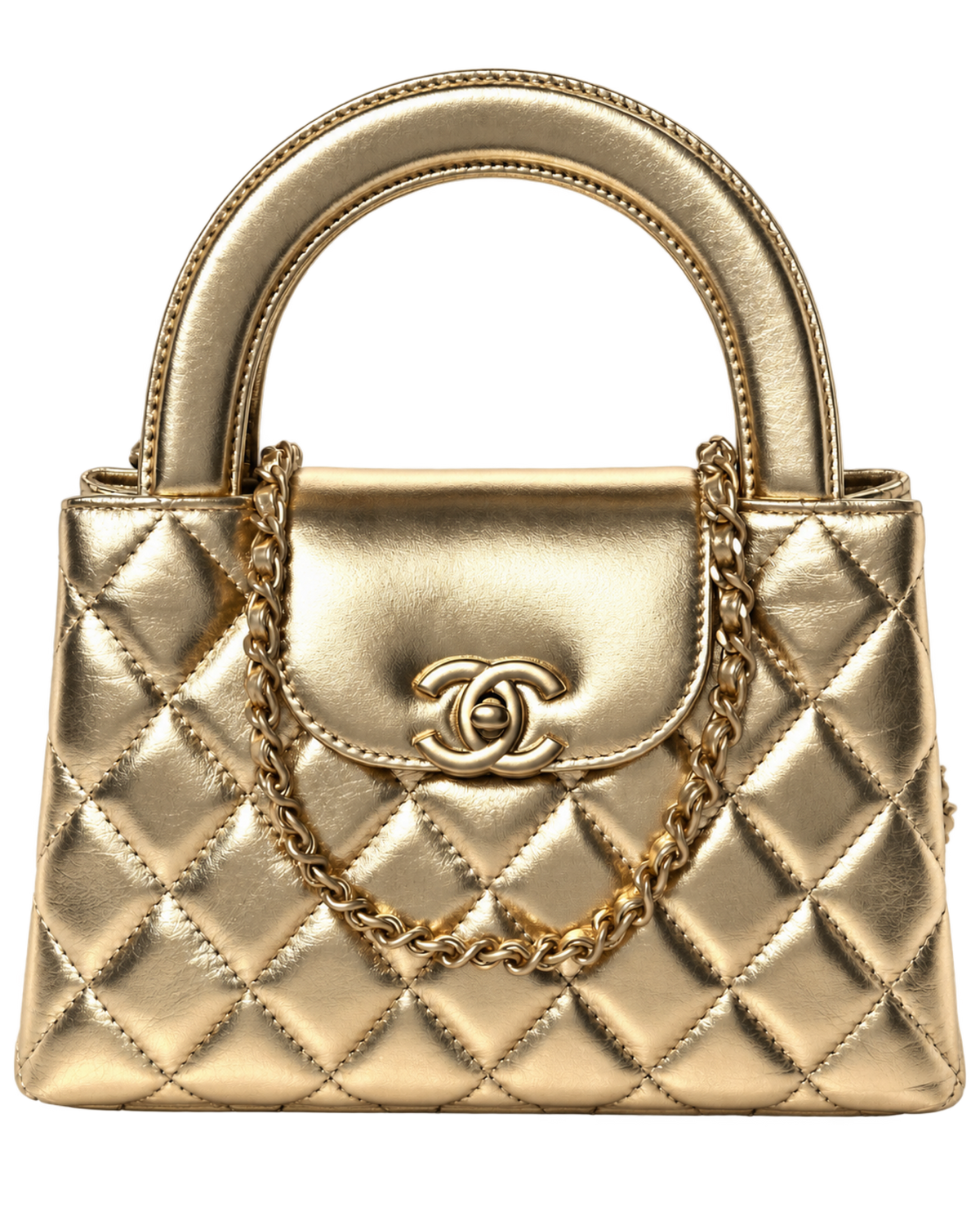 Metallic Shiny Aged Calfskin Quilted Nano Kelly Shopper Gold