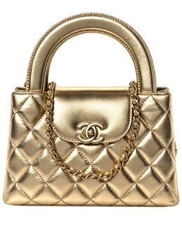 Metallic Shiny Aged Calfskin Quilted Nano Kelly Shopper Gold