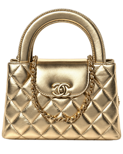 Metallic Shiny Aged Calfskin Quilted Nano Kelly Shopper Gold
