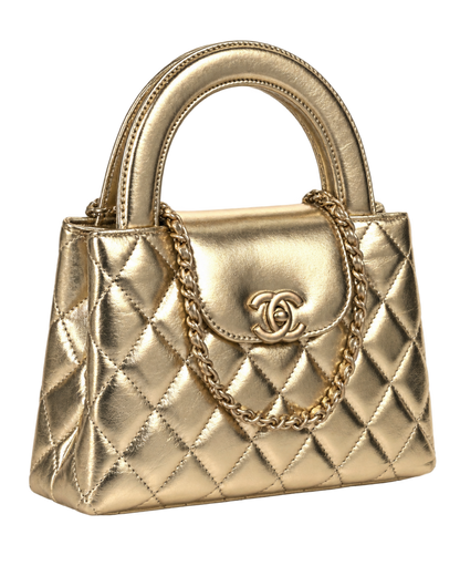 Metallic Shiny Aged Calfskin Quilted Nano Kelly Shopper Gold