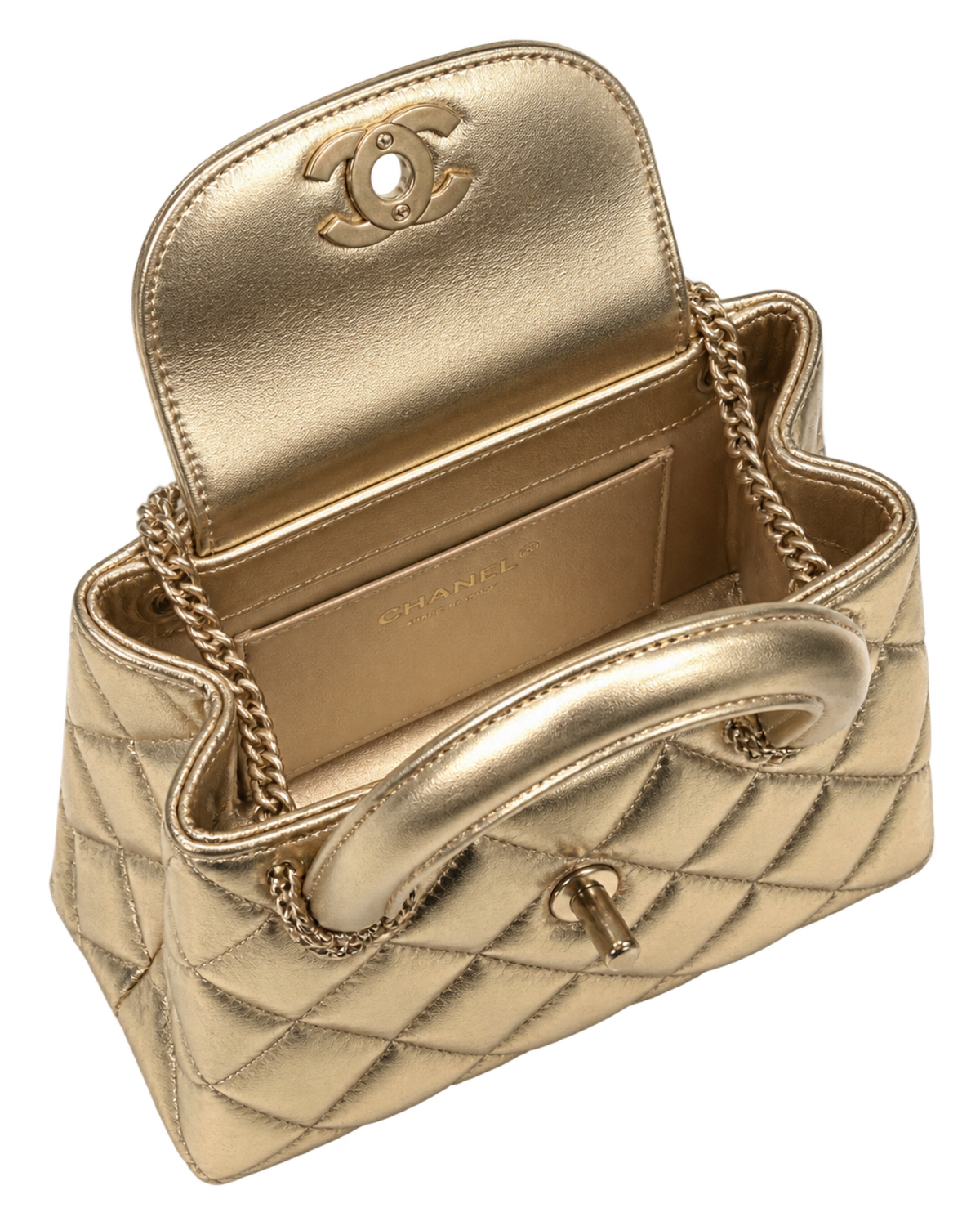 Metallic Shiny Aged Calfskin Quilted Nano Kelly Shopper Gold