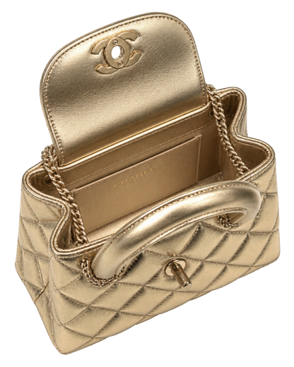 Metallic Shiny Aged Calfskin Quilted Nano Kelly Shopper Gold