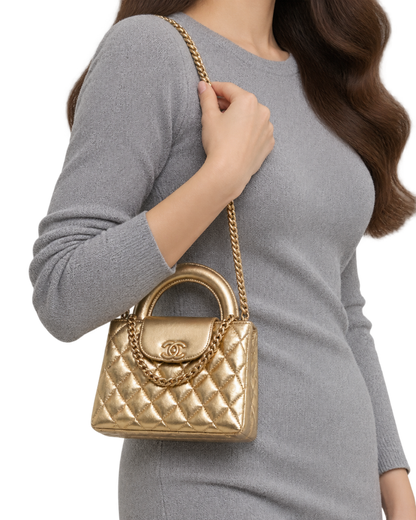 Metallic Shiny Aged Calfskin Quilted Nano Kelly Shopper Gold