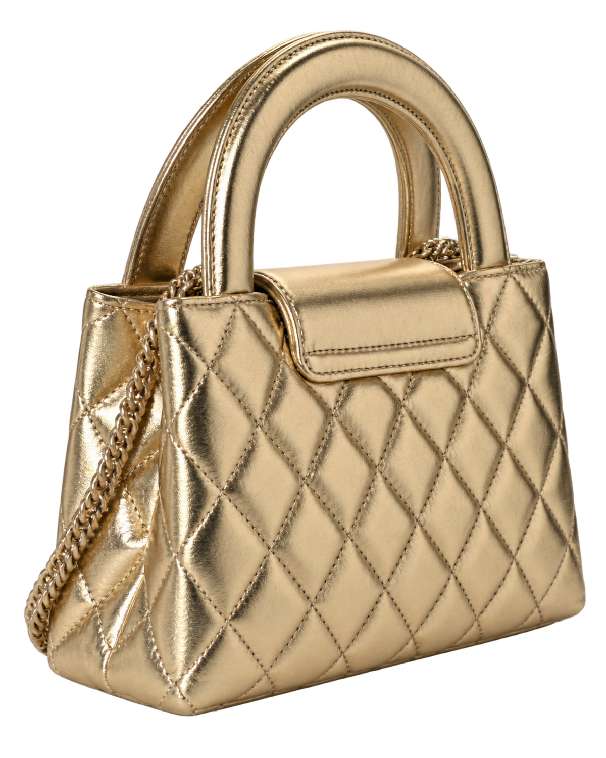 Metallic Shiny Aged Calfskin Quilted Nano Kelly Shopper Gold