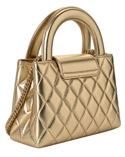 Metallic Shiny Aged Calfskin Quilted Nano Kelly Shopper Gold
