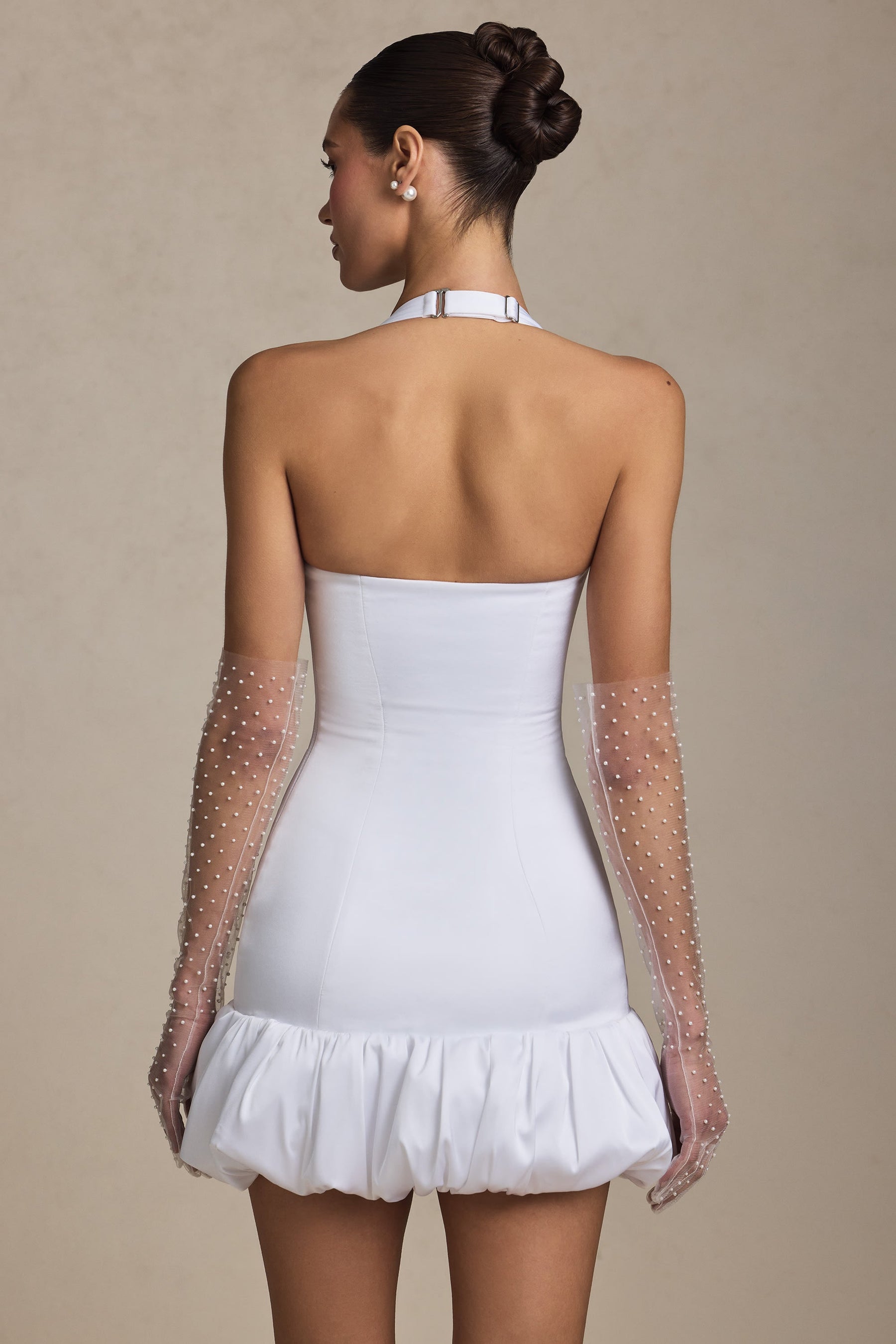 Bow-Detail Halterneck Bubble Hem Mini Dress in White