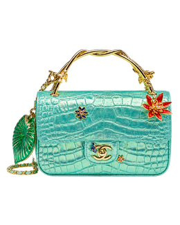 Mini Classic Handbag With Top Handle Crocodile Embossed Iridescent Calfskin, Enamel & Gold-Tone Metal Turquoise