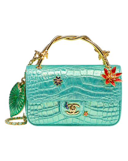 Mini Classic Handbag With Top Handle Crocodile Embossed Iridescent Calfskin, Enamel & Gold-Tone Metal Turquoise