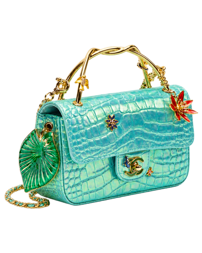 Mini Classic Handbag With Top Handle Crocodile Embossed Iridescent Calfskin, Enamel & Gold-Tone Metal Turquoise