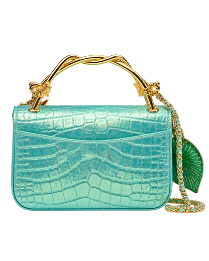 Mini Classic Handbag With Top Handle Crocodile Embossed Iridescent Calfskin, Enamel & Gold-Tone Metal Turquoise