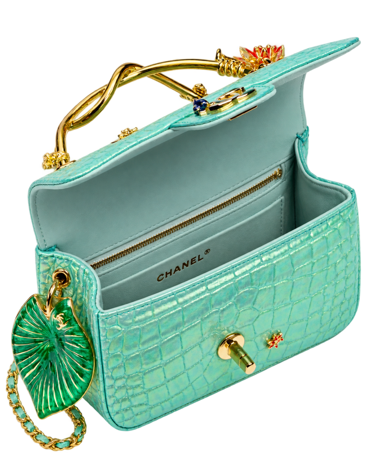 Mini Classic Handbag With Top Handle Crocodile Embossed Iridescent Calfskin, Enamel & Gold-Tone Metal Turquoise