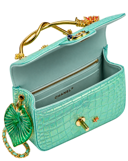 Mini Classic Handbag With Top Handle Crocodile Embossed Iridescent Calfskin, Enamel & Gold-Tone Metal Turquoise