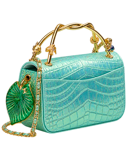 Mini Classic Handbag With Top Handle Crocodile Embossed Iridescent Calfskin, Enamel & Gold-Tone Metal Turquoise