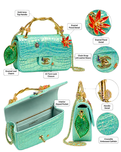 Mini Classic Handbag With Top Handle Crocodile Embossed Iridescent Calfskin, Enamel & Gold-Tone Metal Turquoise