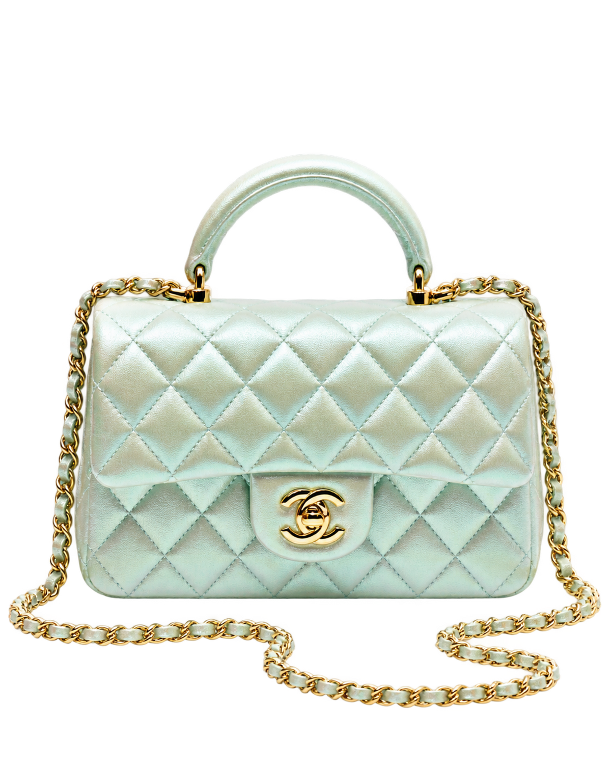 Mini Classic Handbag With Top Handle  Iridescent Calfskin & Gold-Tone Metal Light Green