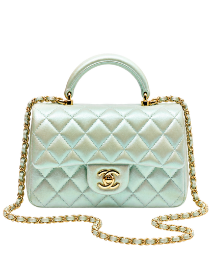 Mini Classic Handbag With Top Handle  Iridescent Calfskin & Gold-Tone Metal Light Green