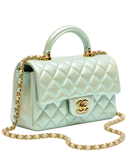 Mini Classic Handbag With Top Handle  Iridescent Calfskin & Gold-Tone Metal Light Green