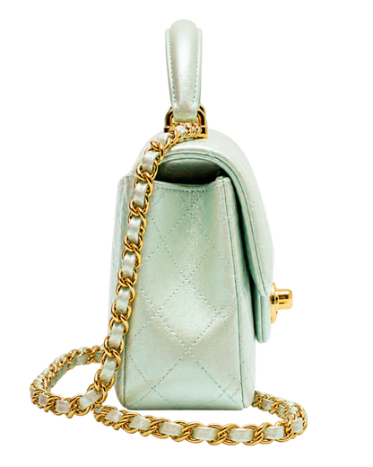 Mini Classic Handbag With Top Handle  Iridescent Calfskin & Gold-Tone Metal Light Green