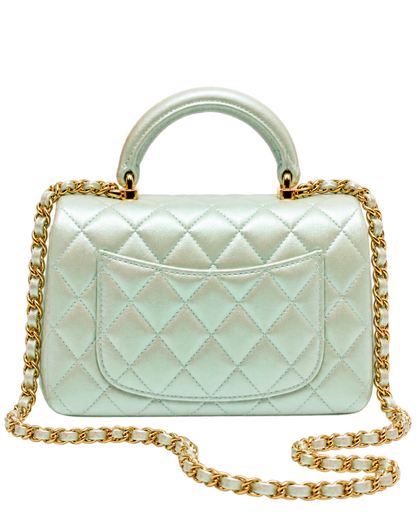 Mini Classic Handbag With Top Handle  Iridescent Calfskin & Gold-Tone Metal Light Green