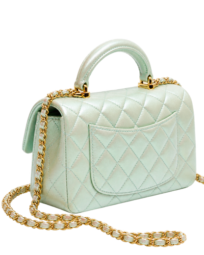 Mini Classic Handbag With Top Handle  Iridescent Calfskin & Gold-Tone Metal Light Green