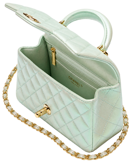 Mini Classic Handbag With Top Handle  Iridescent Calfskin & Gold-Tone Metal Light Green