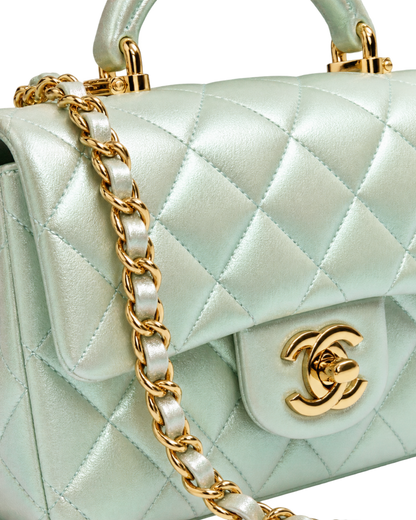 Mini Classic Handbag With Top Handle  Iridescent Calfskin & Gold-Tone Metal Light Green