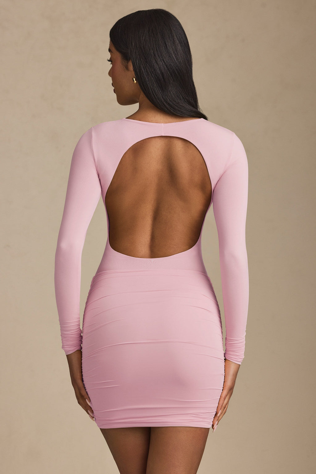 Twist-Front Ruched Backless Mini Dress in Soft Pink