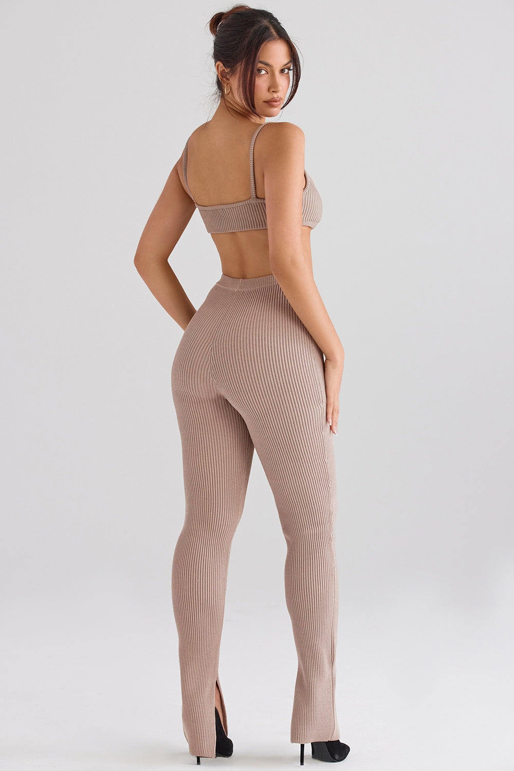 Taupe ribbed knit leggings