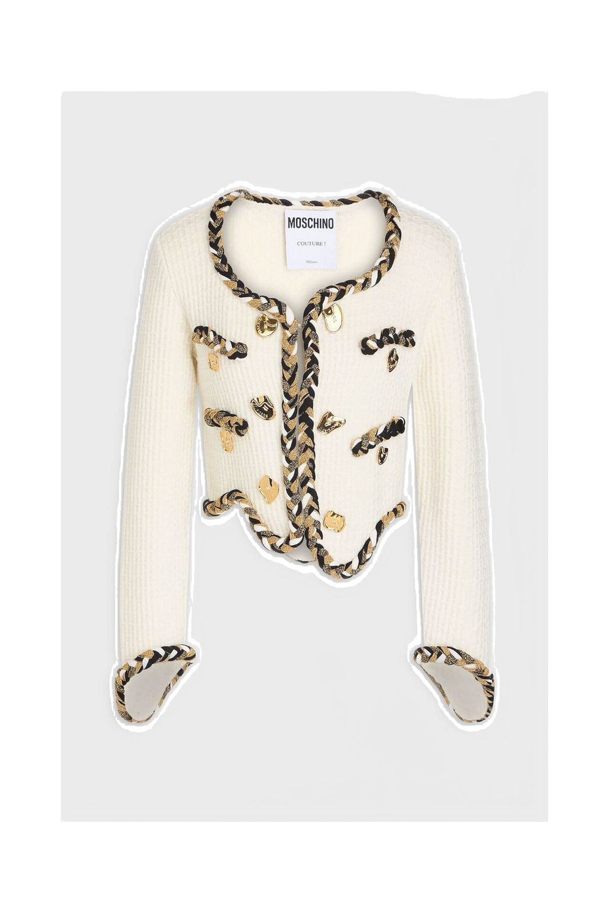 MOSCHINO Asymmetric embellished waffle-knit wool cardigan