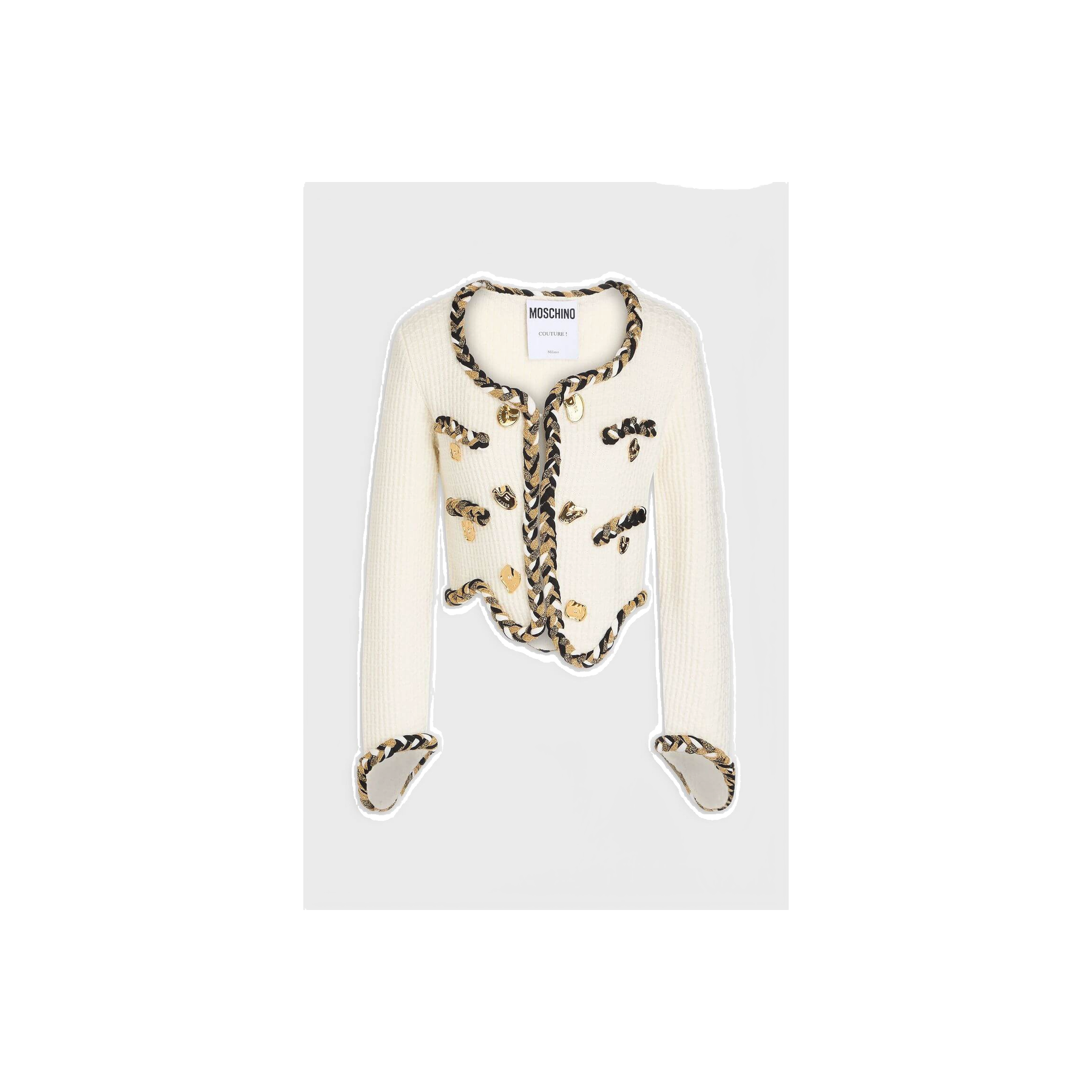 MOSCHINO Asymmetric embellished waffle-knit wool cardigan