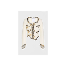 MOSCHINO Asymmetric embellished waffle-knit wool cardigan