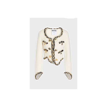 MOSCHINO Asymmetric embellished waffle-knit wool cardigan