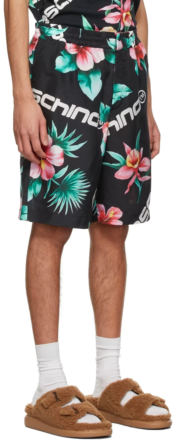 Black Hibiscus Print Swim Shorts