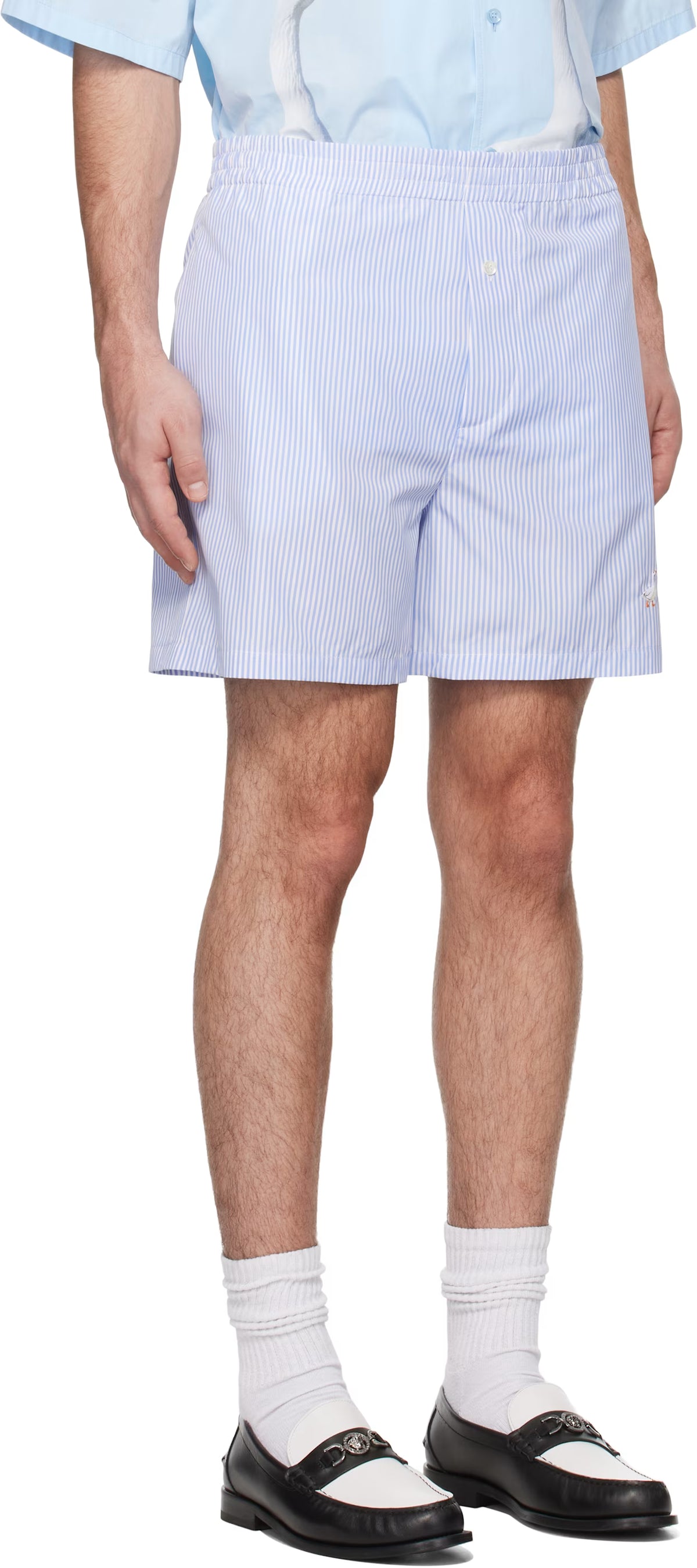 Blue & White Goose Embroidery Striped Poplin Shorts