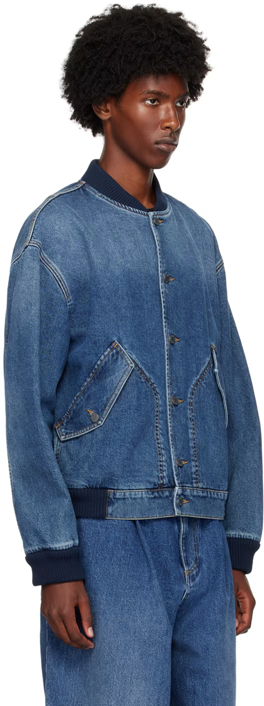 Blue Barcode Patch Denim Bomber Jacket