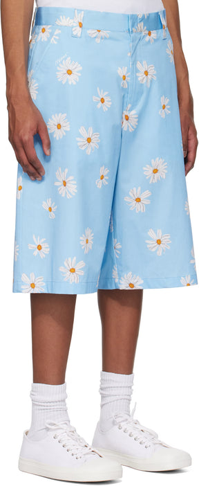 Blue Satin Bermuda Allover Daisy Shorts