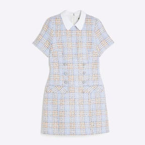 Multi Colour Check Boucle Collared Mini Dress