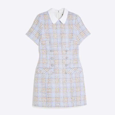 Multi Colour Check Boucle Collared Mini Dress