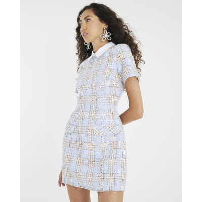 Multi Colour Check Boucle Collared Mini Dress