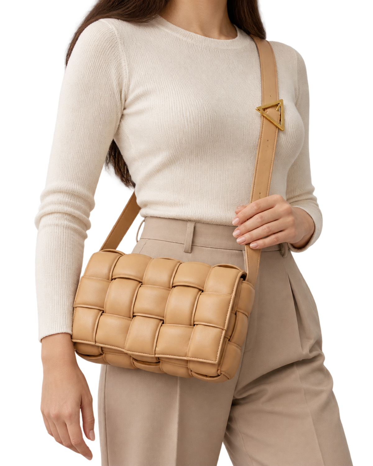 Nappa Maxi Intreccio Padded Cassette Crossbody Bag Almond
