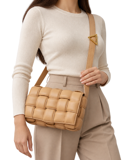 Nappa Maxi Intreccio Padded Cassette Crossbody Bag Almond