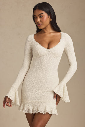 Long-Sleeve Ruffled Lace Mini Dress in Ivory