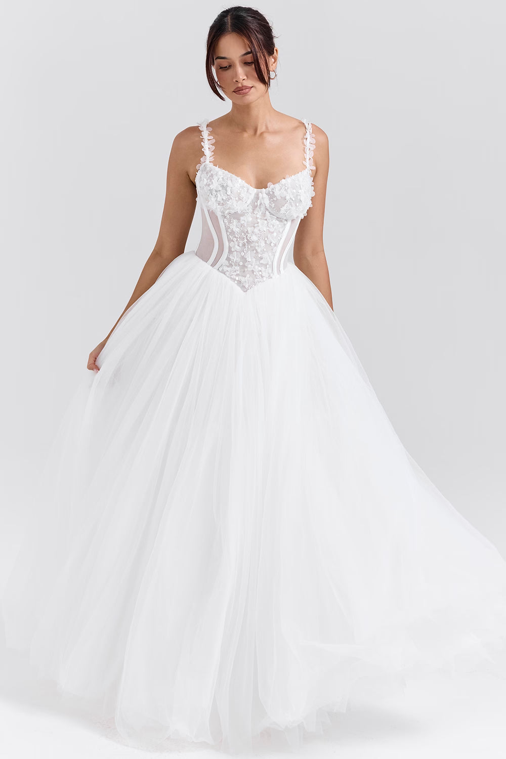Nathalie white floral lace tulle bridal gown