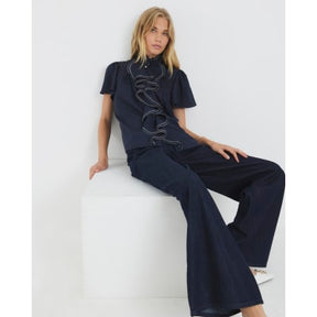 Navy Angel Sleeve Ruffle Shirt